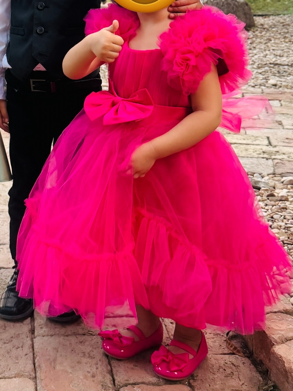 0001 Girls Bright Fuchsia Tulle Party Dress with Bow Shoes